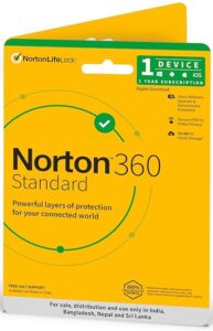 Norton 360 Standard | 1 User 1 Year | Total Security for PC, Mac, Android or iOS|Also Includes Password Manager | 10GB PC Cloud Back Up | SafeCam for PC |Email Delivery in 2 Hrs