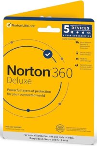 Norton 360 Deluxe | 5 User 1 Year | Total Security for PC, Mac, Android or iOS|Also Includes Password Manager | 70GB PC Cloud Back Up | SafeCam for PC |Email Delivery in 2 Hrs