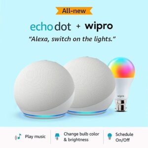 Echo Dot (5th Gen, White) gift twin pack with Wipro 9W LED Smart Color Bulb