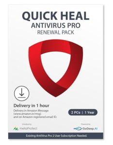 Quick Heal Antivirus Pro- Renewal Pack - 2 User, 1 Year (Single Key) (Email Delivery In 2 Hours - No CD)-Existing Quick Heal 2 User AV Pro Subscription Needed