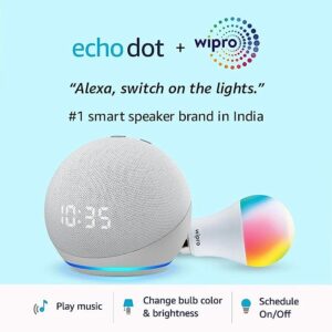 ECHO DOT (4TH GEN, WHITE) WITH CLOCK COMBO WITH WIPRO 9W EASY SET-UP SMART BULB