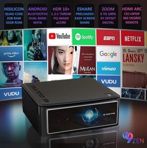 EGate O9 Zen Projector, 1st with Auto Physical Incline + Digital offset, Auto (Focus, Keystone, Screen Fit, Obstacle Shift), ARC HDMI, FHD 1080, 9600L, 4k HDR Support, Android9, 2GB/32GB(EO9023,Black)