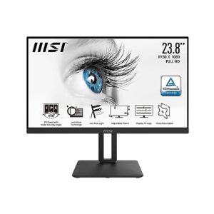 MSI PRO MP242P IPS Monitor - 24 Inch (60.45 cm), Full HD, HDMI, VGA, Adjustable Stand, Anti-Glare, Anti-Flicker, Less Blue Light TÜV Certified, VESA Mount, Speakers