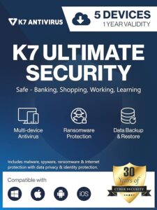 K7 Ultimate Security Antivirus Software 2023 |5 Devices, 1 Year|Threat Protection,Internet Security,Data Backup,Mobile Protection|Windows laptop,PC, Mac®,Phones,Tablets|2hr Email Delivery