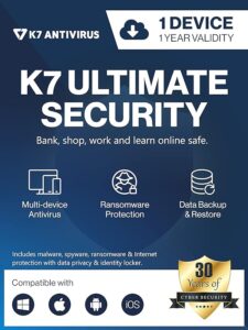 K7 Ultimate Security Antivirus Software 2023 |1 Device,1 Year| Threat Protection, Internet Security,Data Backup,Mobile Protection|Windows laptop,PC, Mac®,Phones,Tablets- Email Delivery in 2 Hours