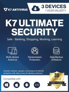 K7 Ultimate Security Antivirus Software 2023 |3Devices ,1Year| Threat Protection, Internet Security, Mobile Protection| Windows laptop, PC, Mac®, Phones, Tablets| 2hr Email Delivery-No CD
