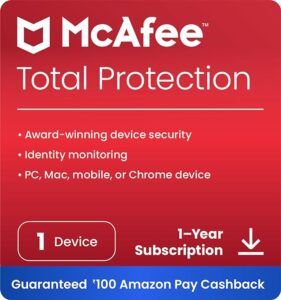 McAfee Total Protection 2023| 1 Device, 1 Year | ?100 Cashback On Amazon Pay | Antivirus Internet Security Software | Pc/Mac/Android/Ios | Email Delivery