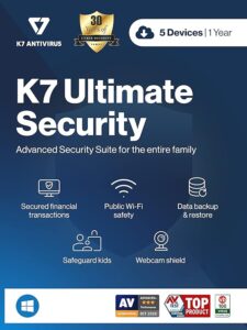 K7 Ultimate Security Antivirus Software 2023 | 5 Devices, 1 Year | Threat Protection, Internet Security, Mobile Protection| Windows laptop, PC, Mac®, Phones, Tablets| (Voucher Activation Key card)